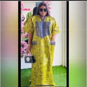 New  African Dress V Neck   Large kapala Dye lime color with matching Scarf